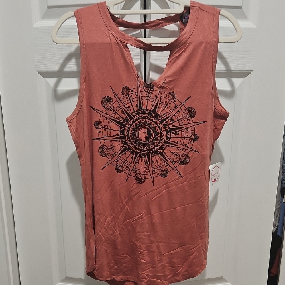 Women's Sleeveless Top in Rust with Sun Design